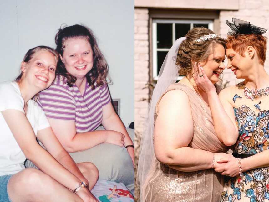Two women sit side by side on the floor and a lesbian couple hold hands on their wedding day