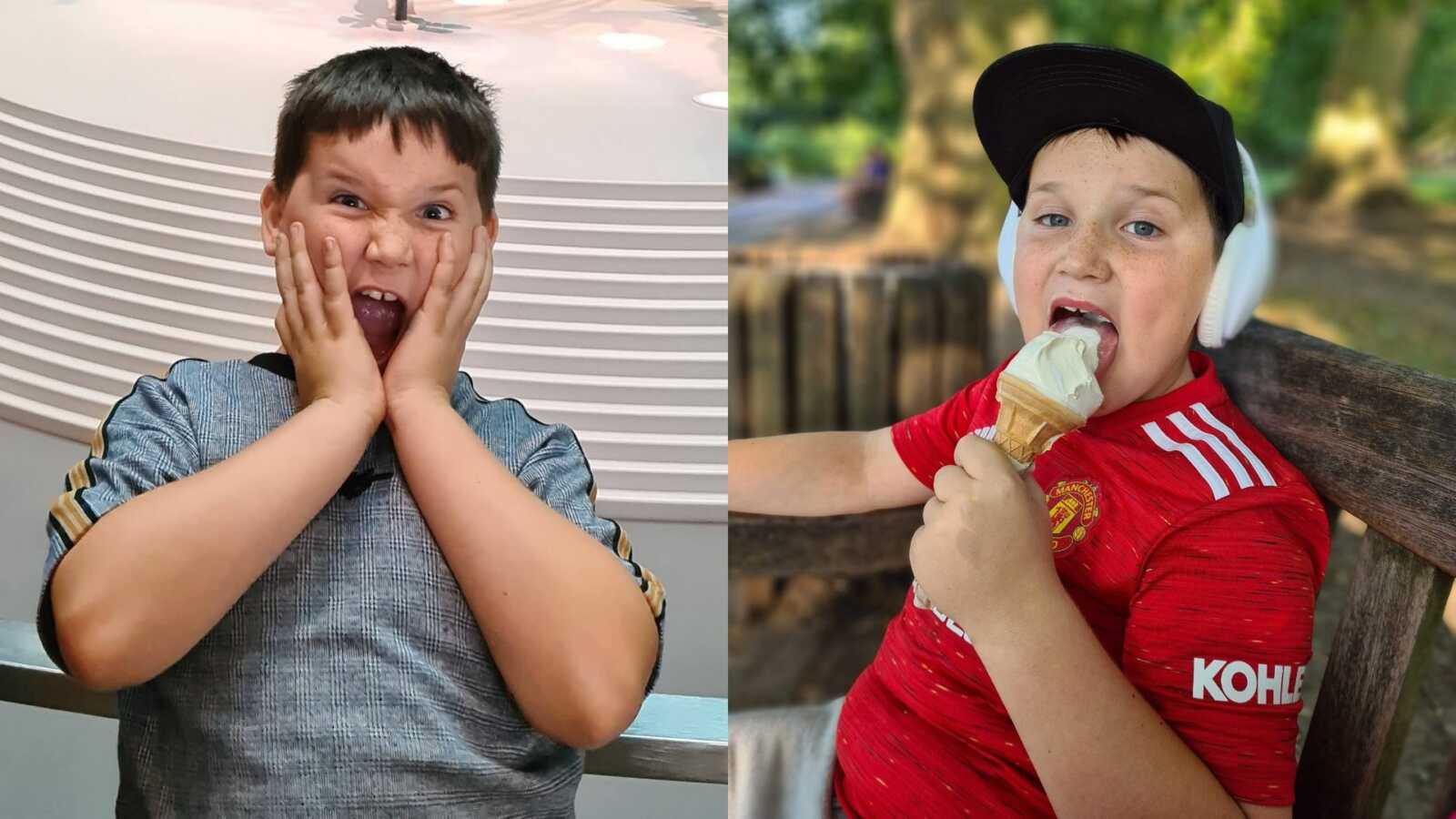 An autistic boy with his hands on his face and a boy eating ice cream