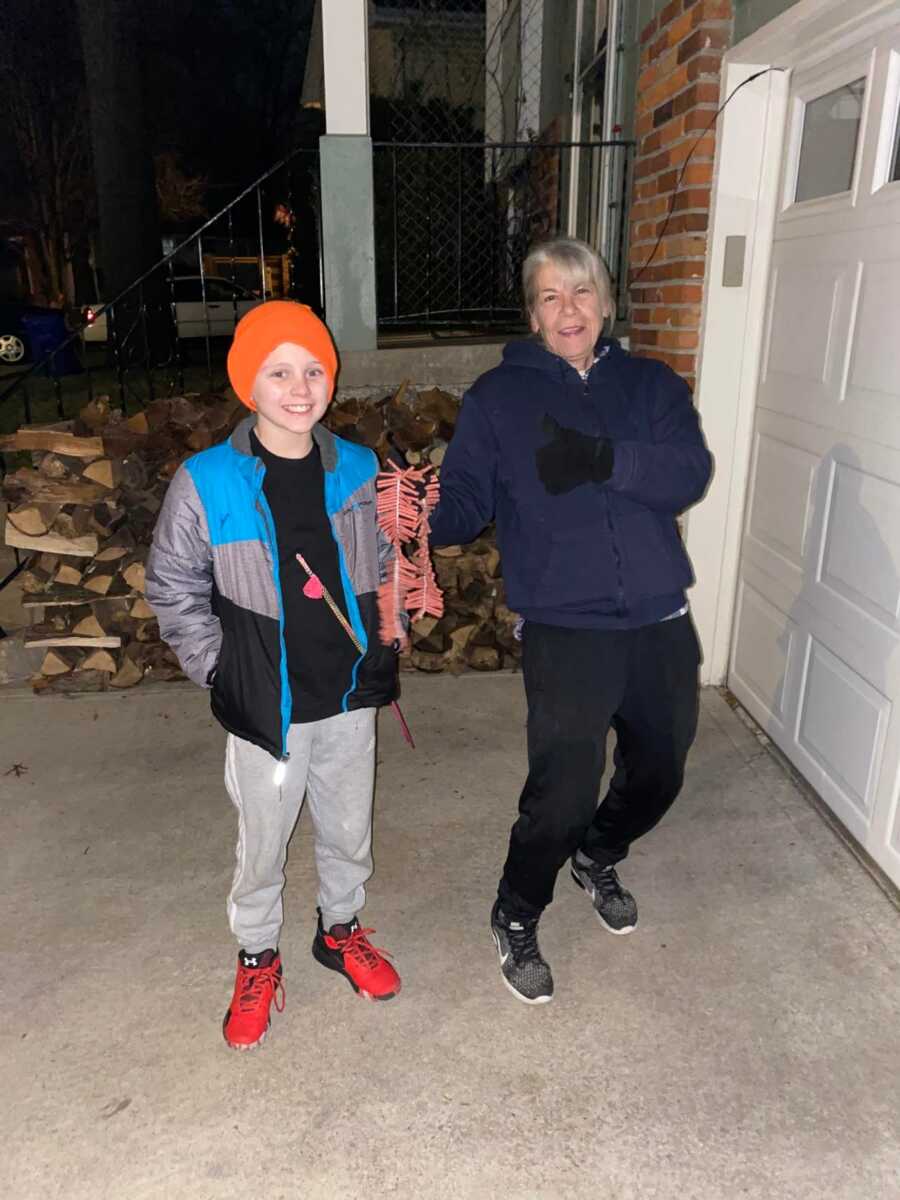 grandma and grandson in the cold laughing together