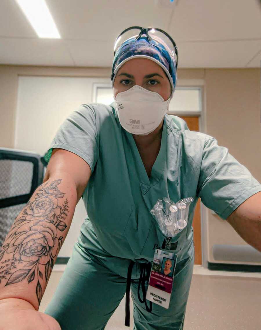 Travel nurse takes serious photo while at work