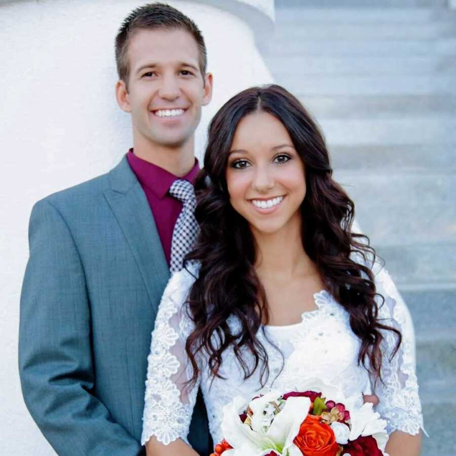 A woman and her husband on their wedding day