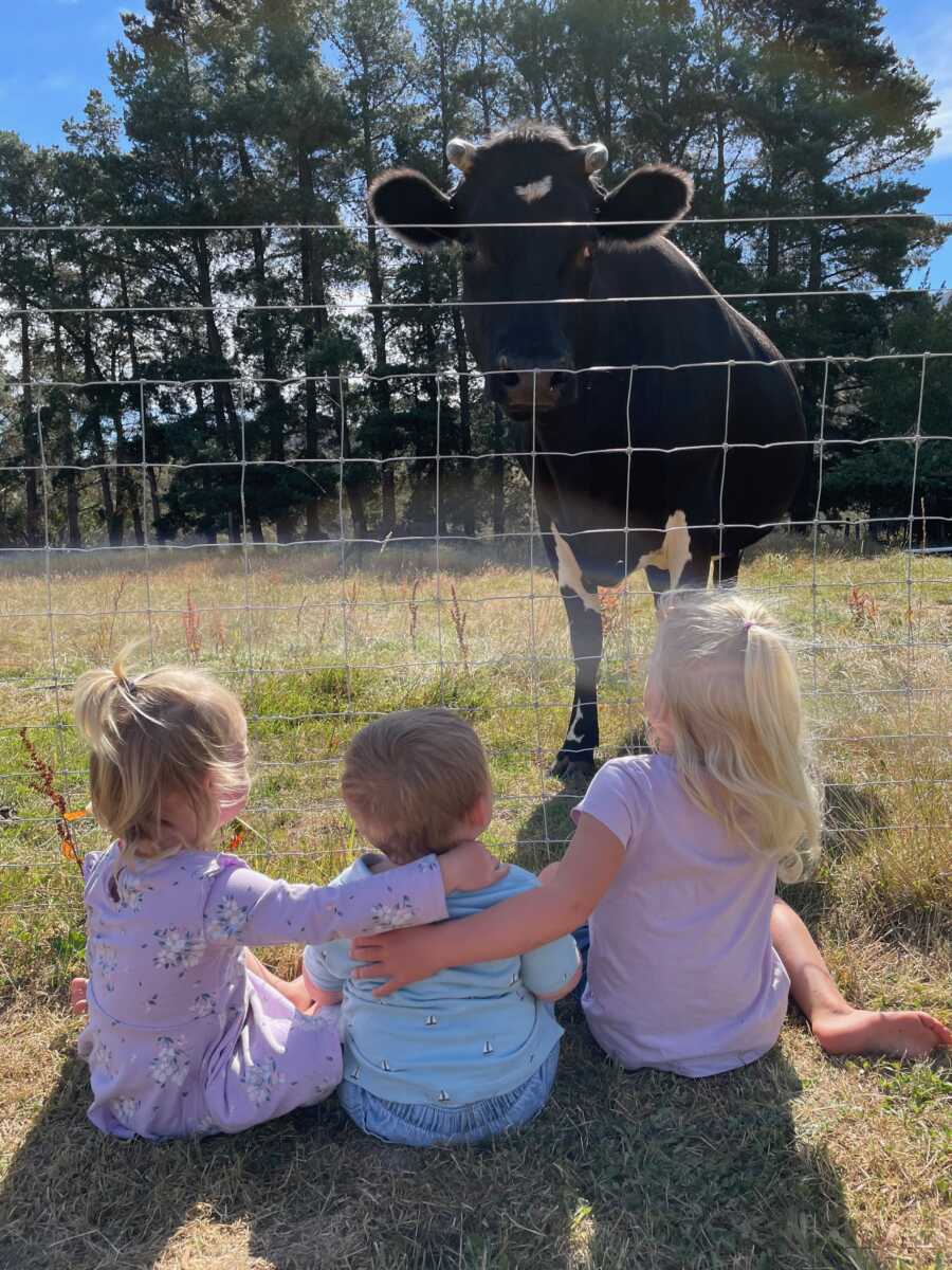 Young siblings sit next to each other looking through the fence at a large cow.