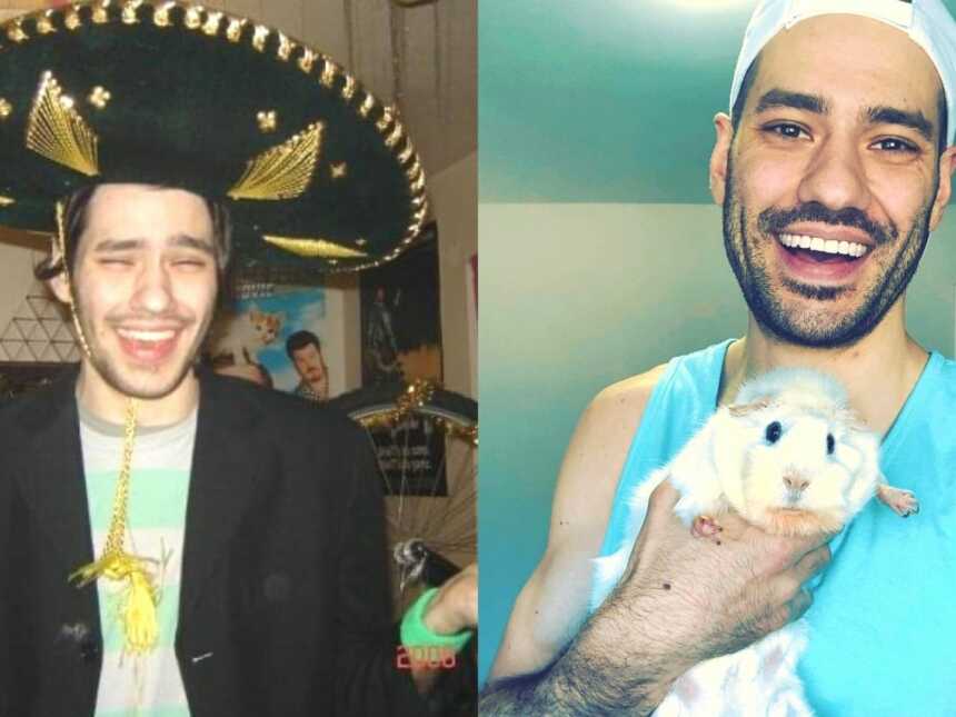 A man wearing a sombrero and a man holding a white guinea pig