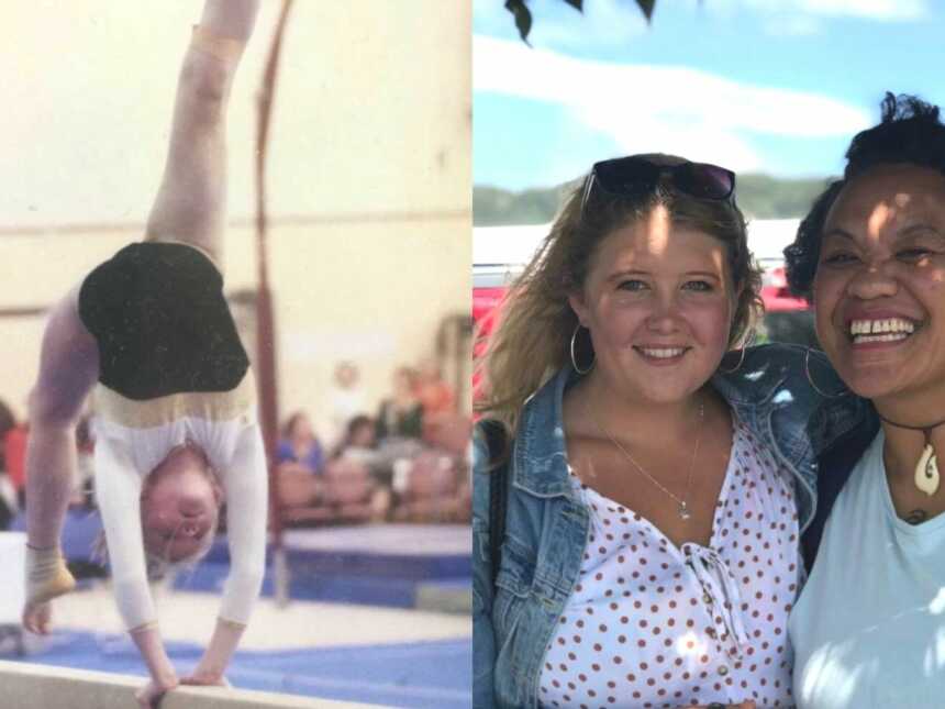 A young gymnast doing a flip and two women together
