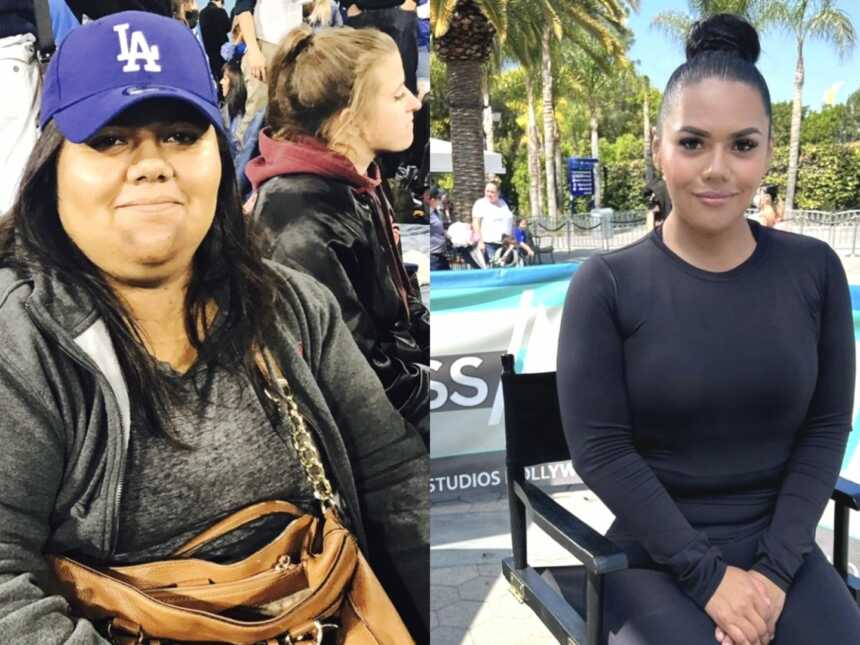 A woman sitting at a baseball game and a woman after her weight loss