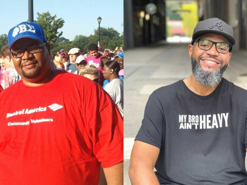 An obese man wearing a red T-shirt and a man after his incredible weight loss