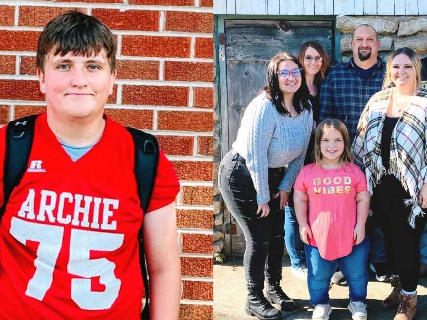A teen who committed suicide and a family of six standing together