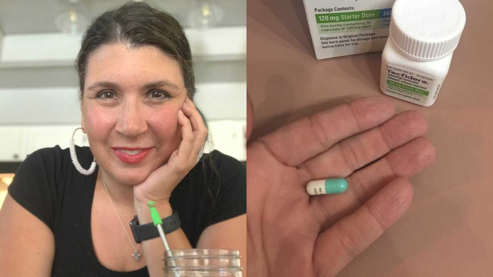 A woman with MS and a woman holding a pill in her hand