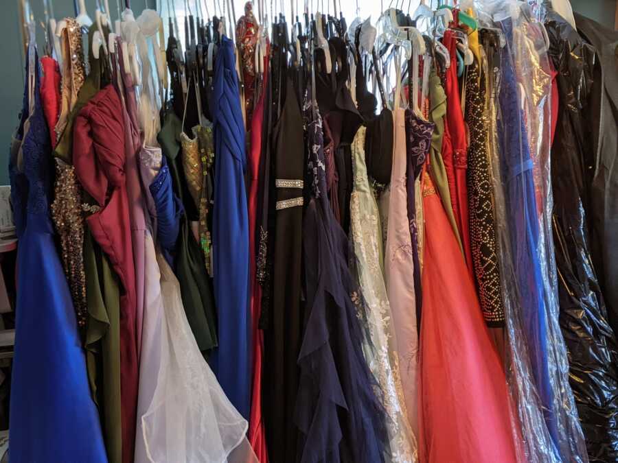 Collection of prom and bridesmaid dresses.