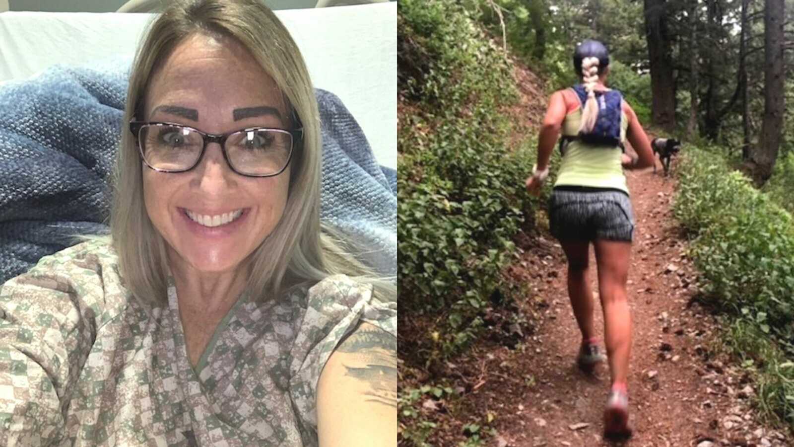 A woman wearing glasses in a hospital bed and a woman running on a forest path