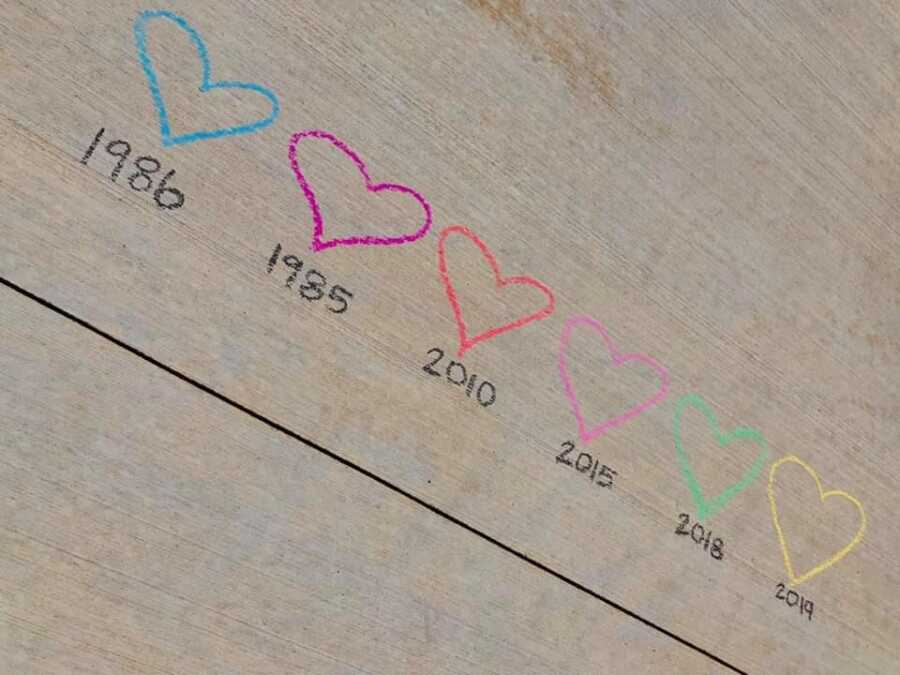 Family writes years of each members birth underneath hearts in chalk on the sidewalk.