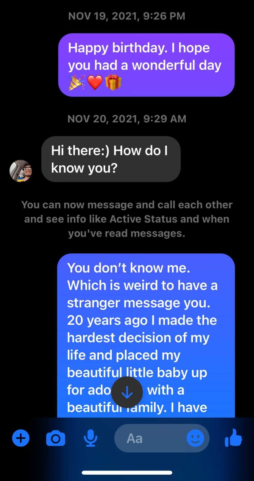 Screenshot of messages exchanged between adoptee and birth mother as they reunite for the first time.