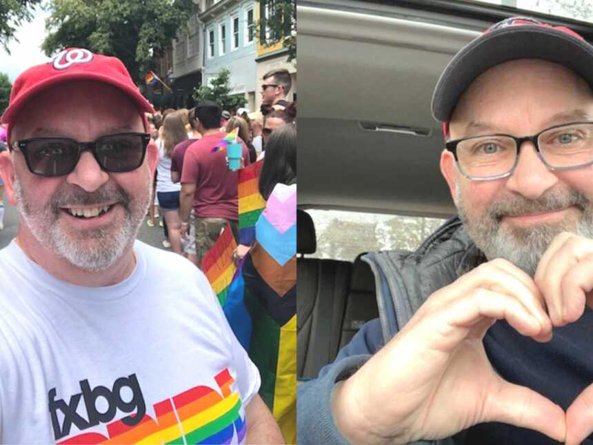 A gay man at a Pride parade and a man making a heart with his hands