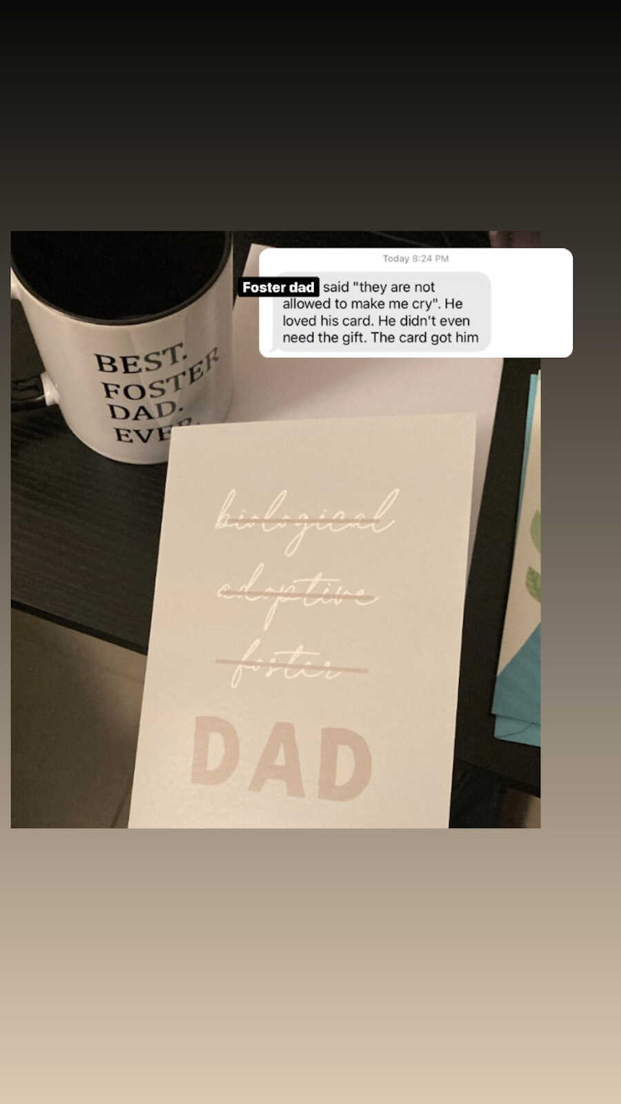 gift given to foster dad from biological mom with text thanking her