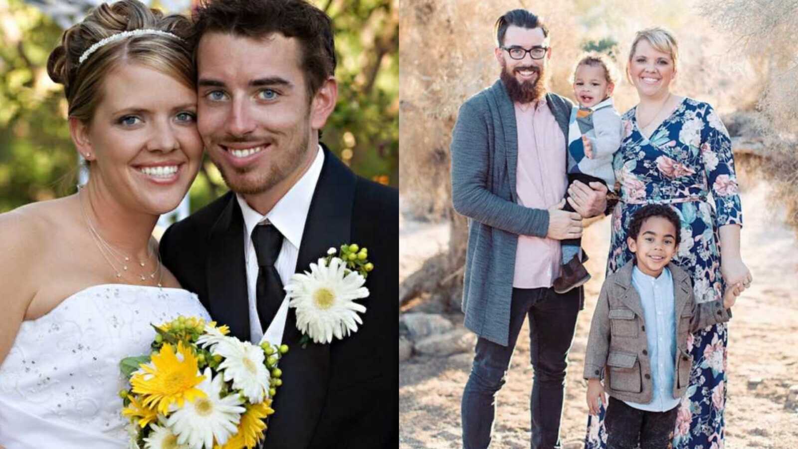 A young couple getting married and parents with their adoptive children
