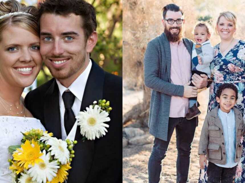 A young couple getting married and parents with their adoptive children
