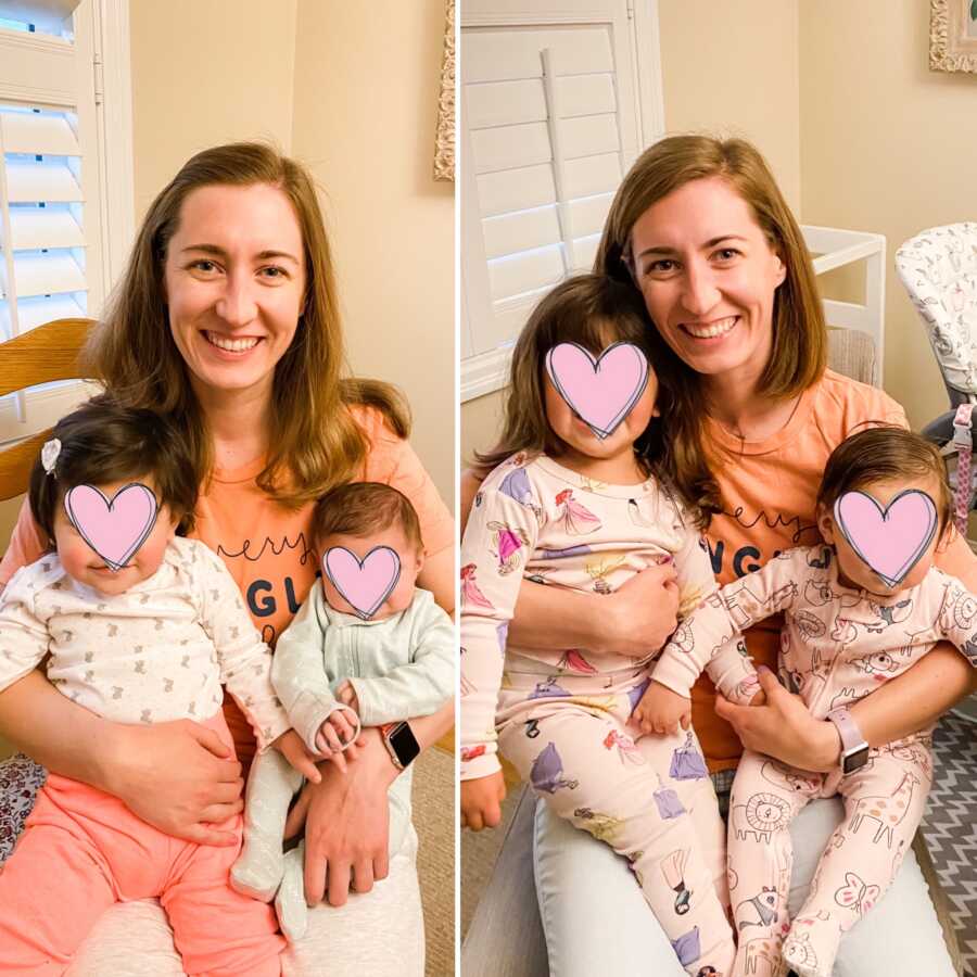 Foster mom shows side by side pictures of two different sets of baby sister she took in a year apart.
