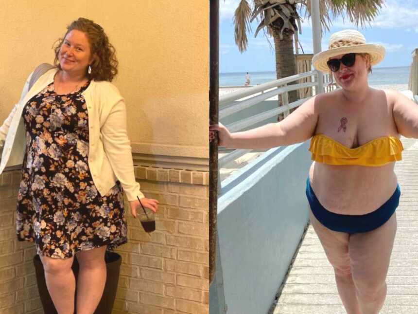 A plus-sized woman in a short dress and a woman in a bikini