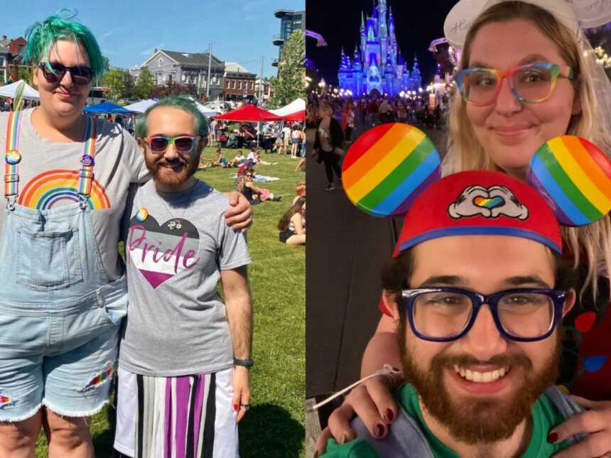 A couple outdoors at a pride festival and a couple at Disney