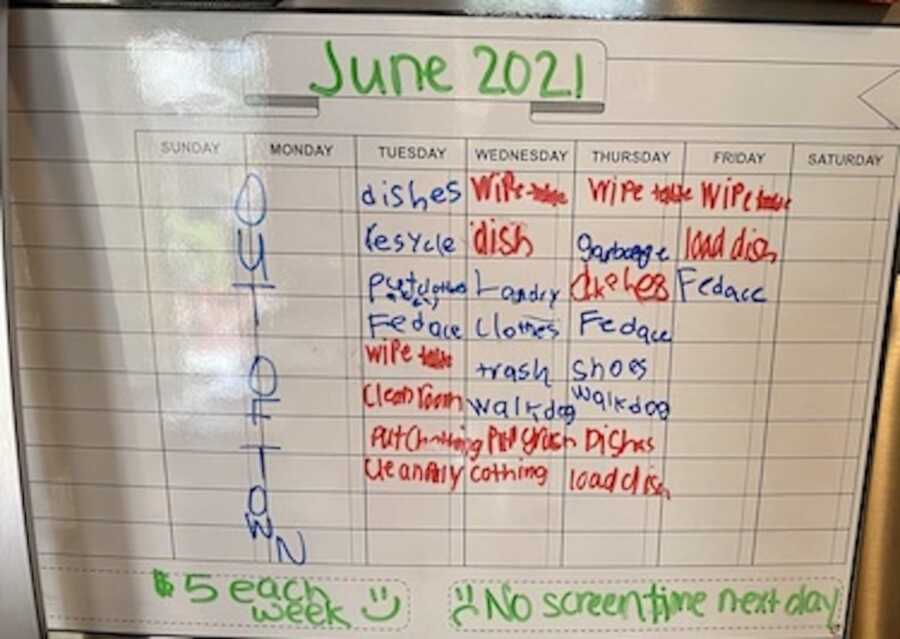 whiteboard chore chart listing out tasks that two children have completed