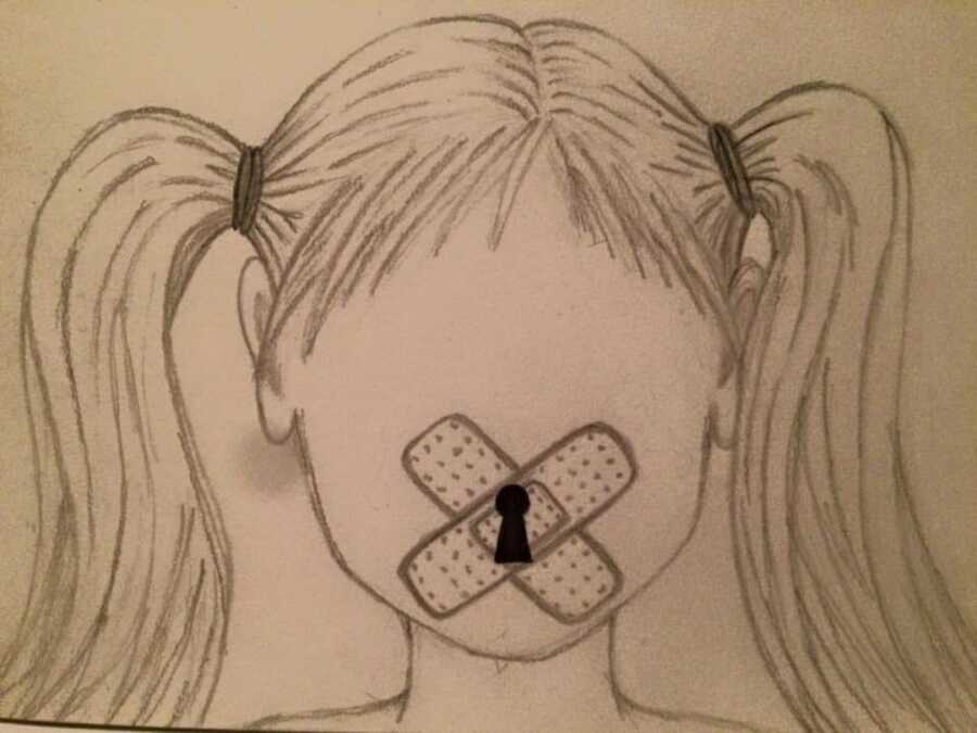drawing of a girl with tape over mouth 