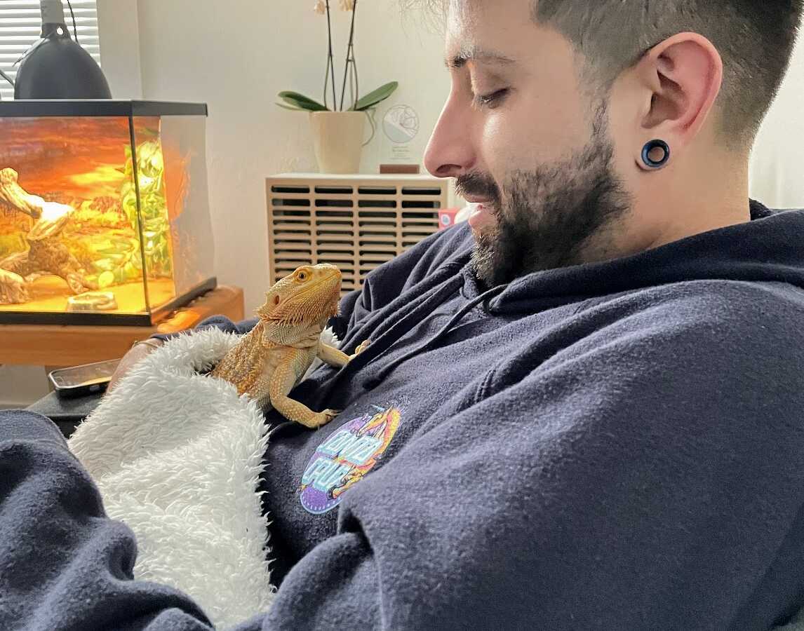 alcoholic sitting with bearded dragon on his chest