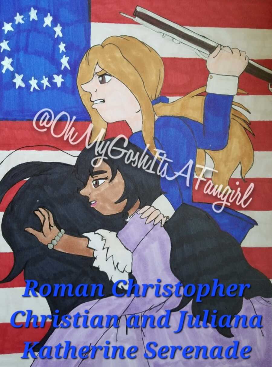 Drawing of teenage girl and boy in front of American flag