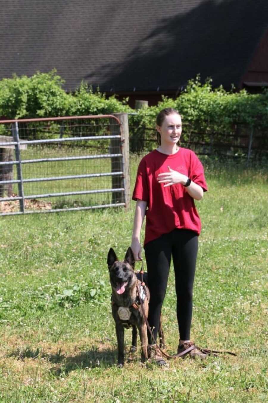 service dog helping owner in a field