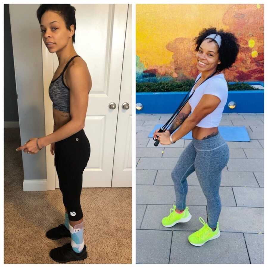 Fitness instructor poses in a before and after shot