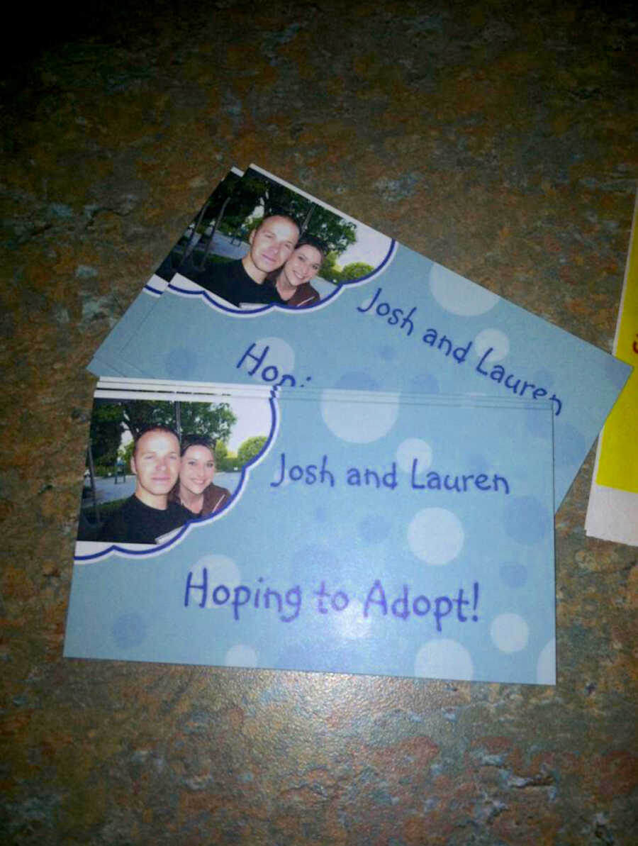 cards to be passed out promoting a couple wanting to adopt