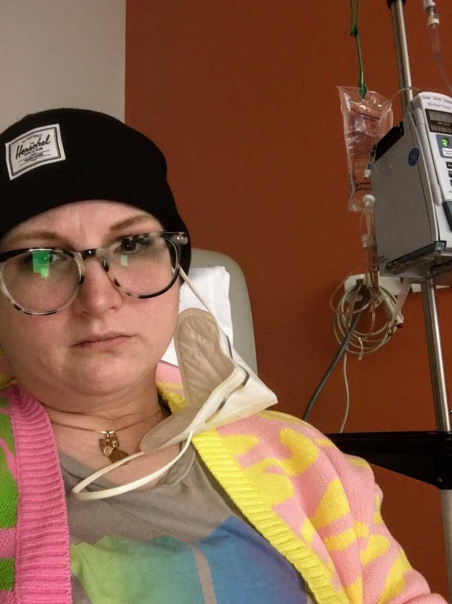 breast cancer patient with cute cardigan at chemo treatment