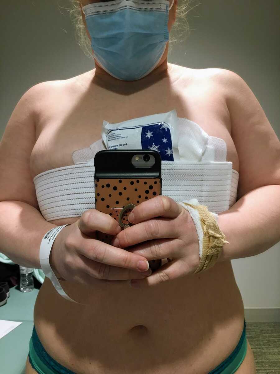 breast cancer patient icing her breasts