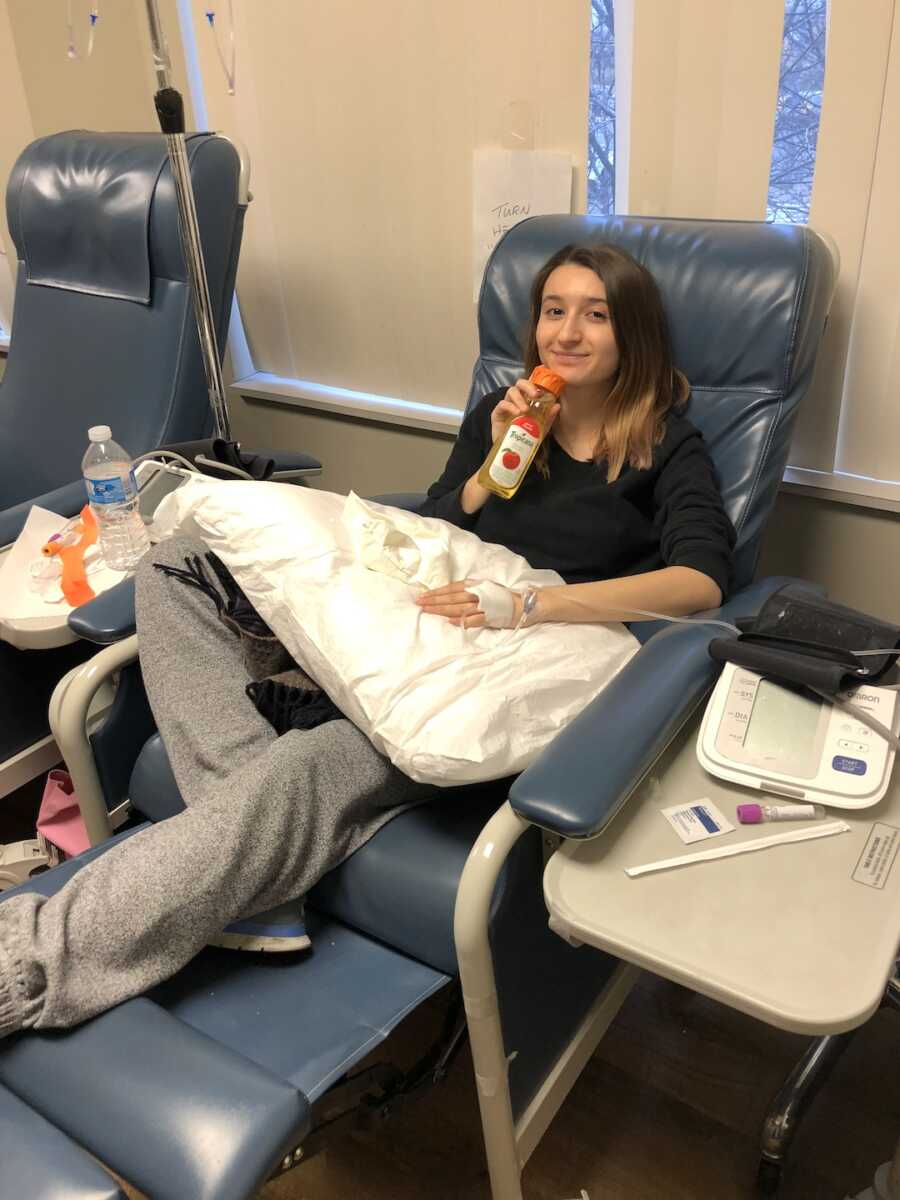 chronically ill woman sitting after transfusions