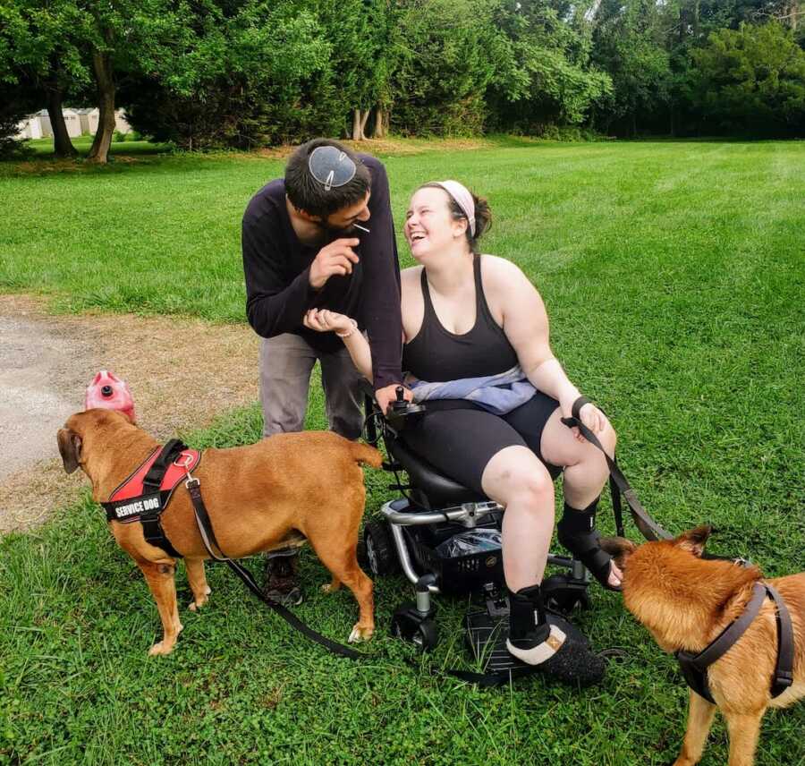 disabled chronically ill woman with boyfriend and their dogs
