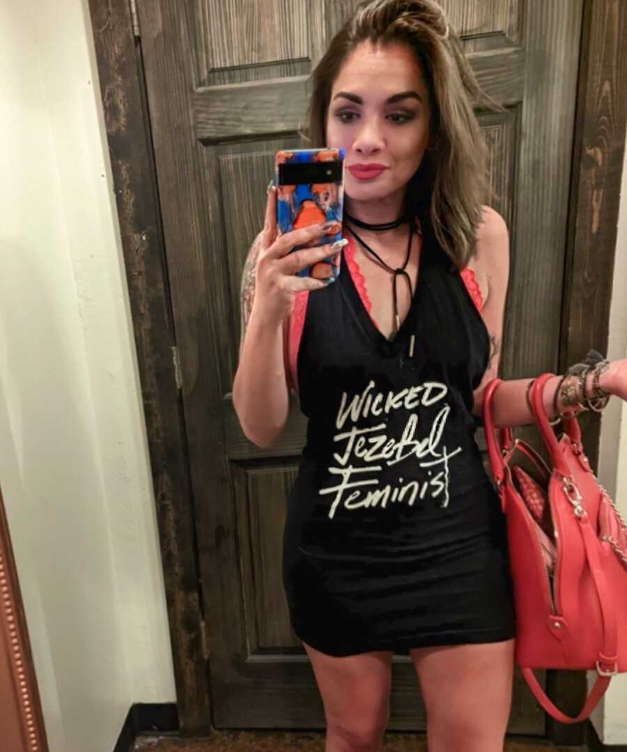 ex jehovah's witness wearing "wicked jezebel feminist" shirt