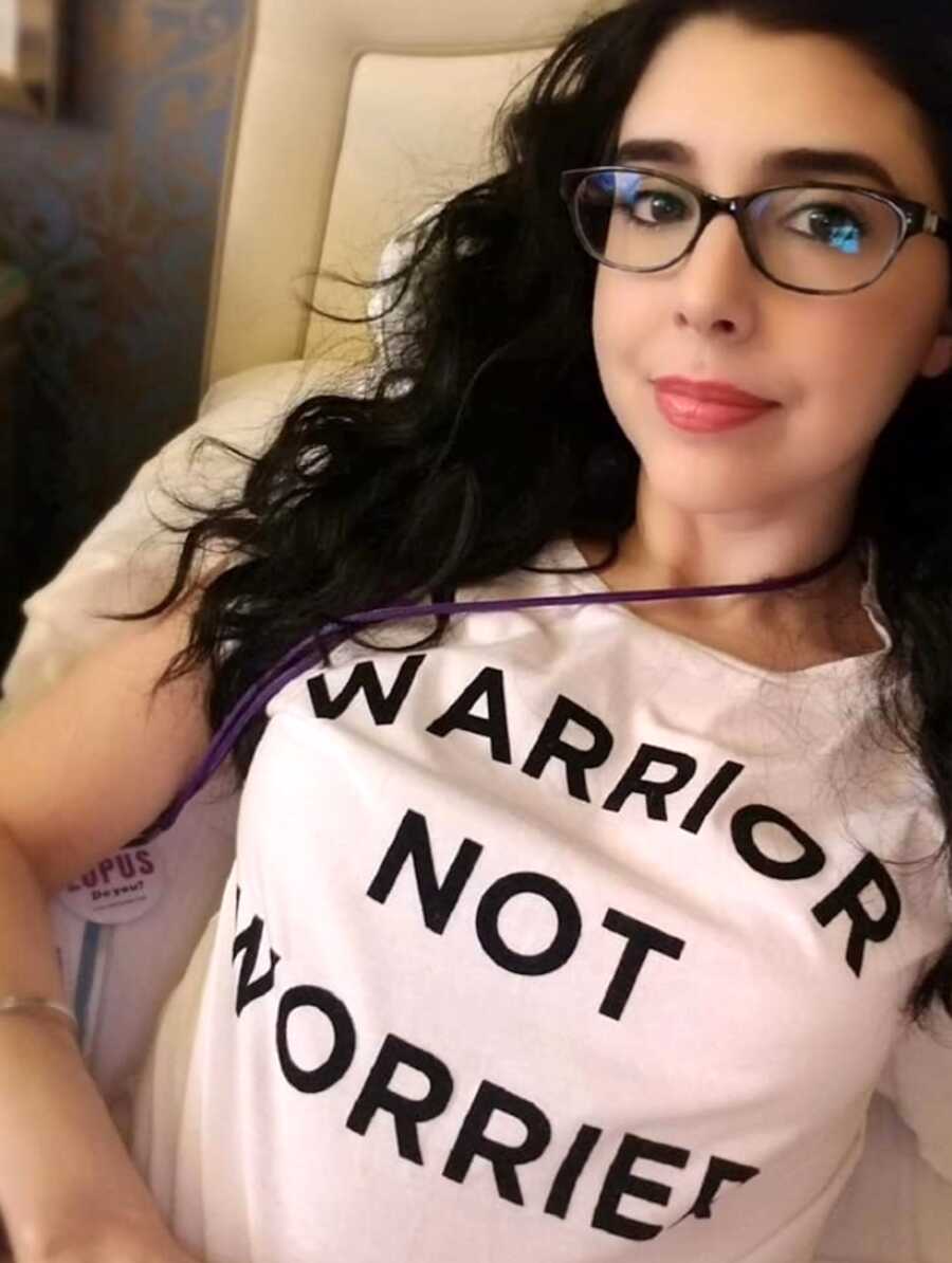 lupus warrior takes selfie with shirt "warrior not worried"