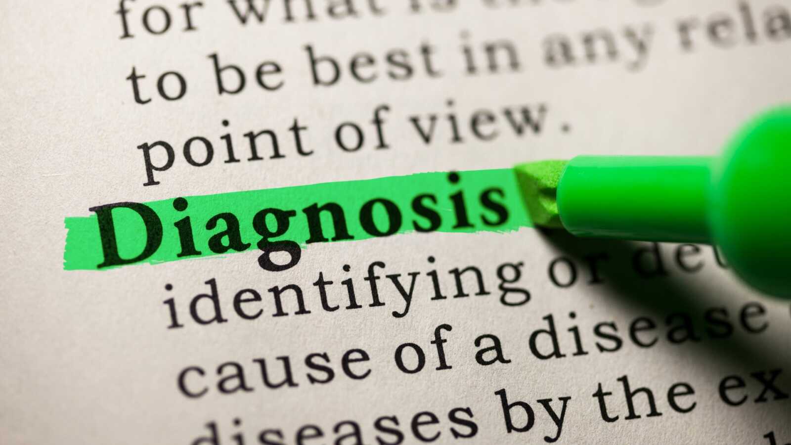 Green marker highlights the word diagnosis next to its definition.
