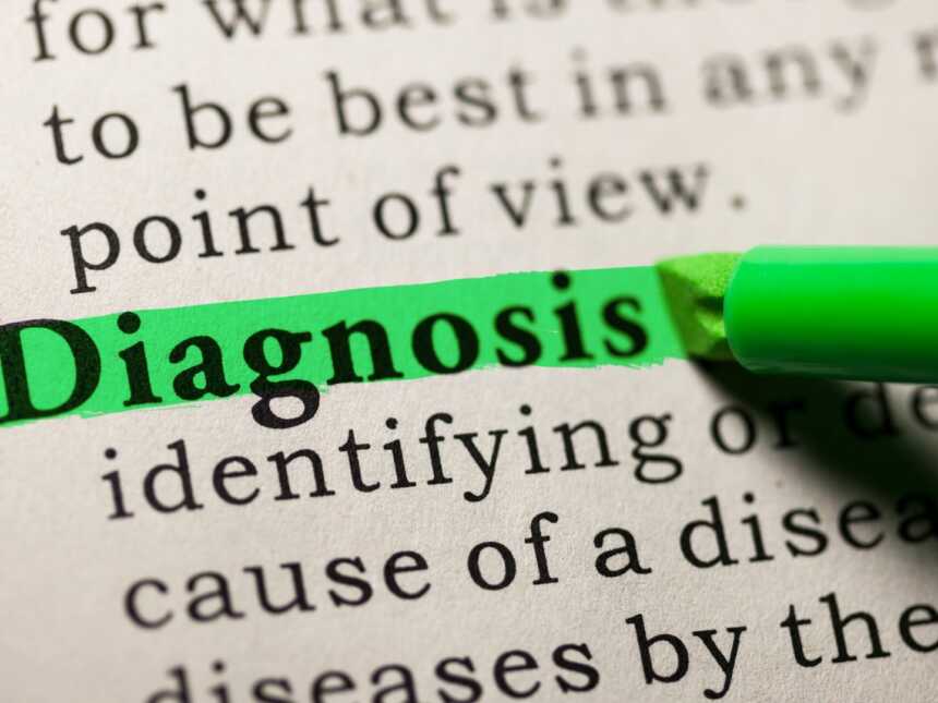 Green marker highlights the word diagnosis next to its definition.