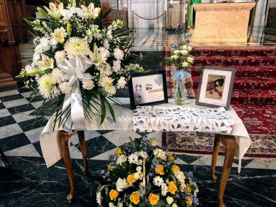table honoring dead son at funeral in church