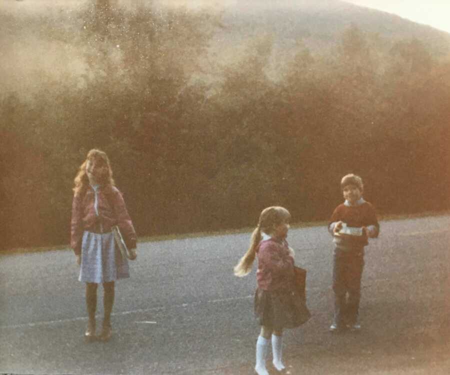three siblings in the 80s on their first day of school