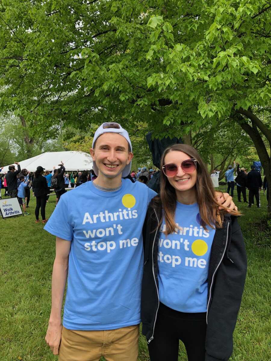 man and woman together wearing "arthritis won't stop me" shirts