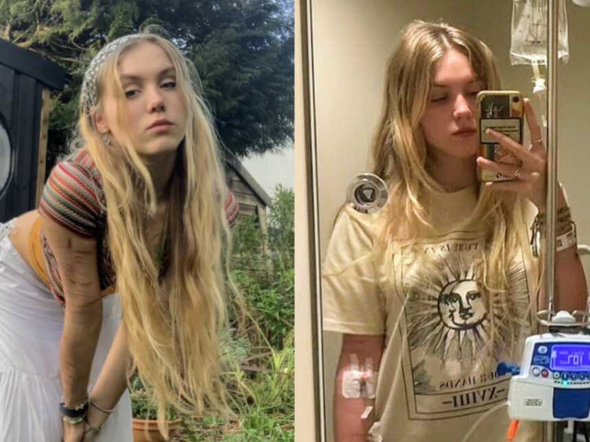 Young woman in hippie outfit with cuts on her arms appears on the left. On the right she takes a selfie while hooked to an IV at the hospital.