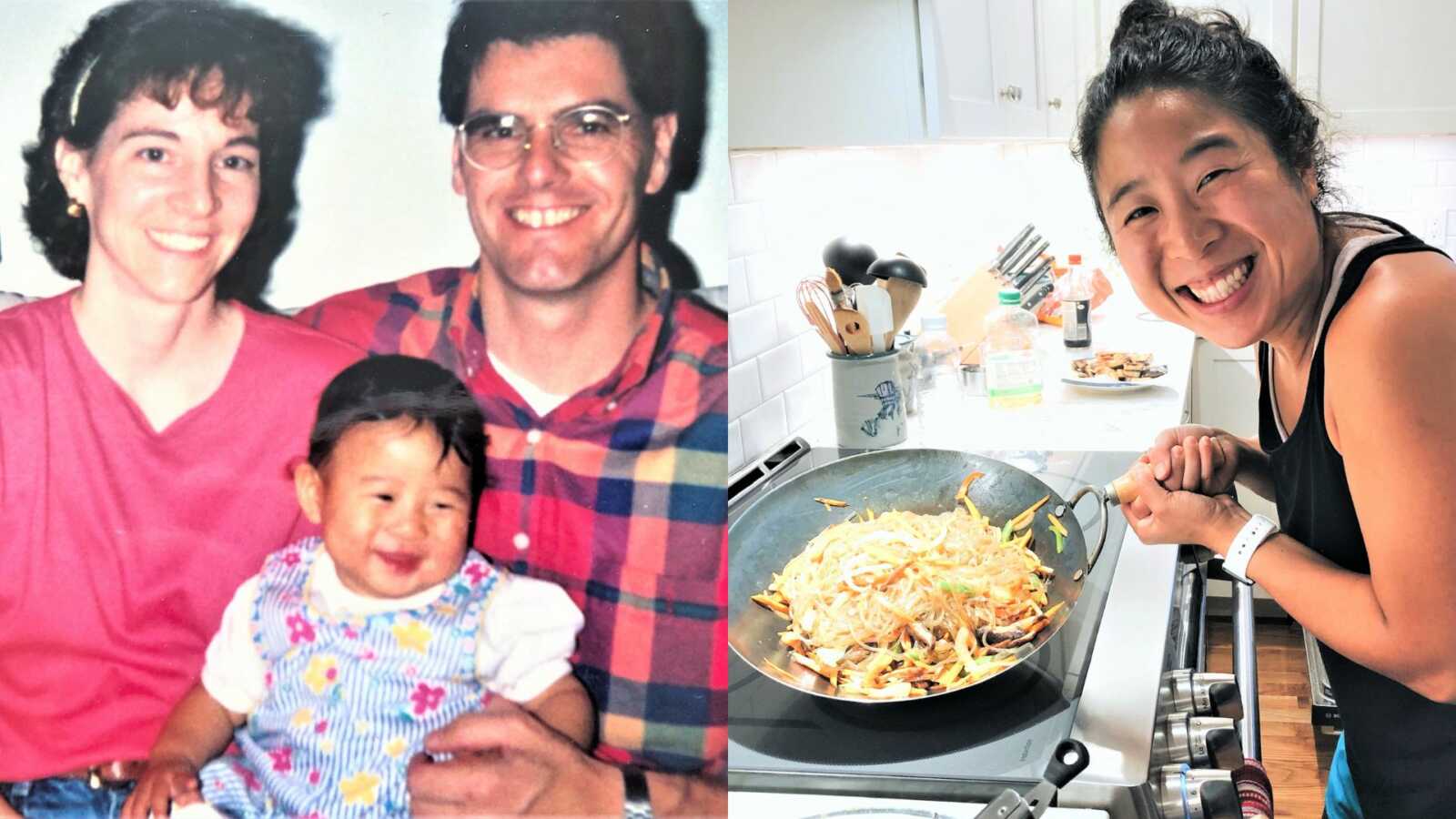 Left: Korean American adoptee, baby girl, sits on parents' lap. Right: Korean American adoptee, woman, makes food using a wok