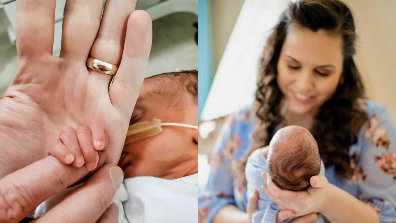 Adoptive mom holding newborn baby in hospital