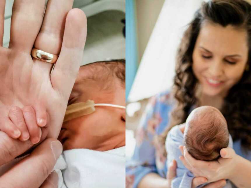 Adoptive mom holding newborn baby in hospital
