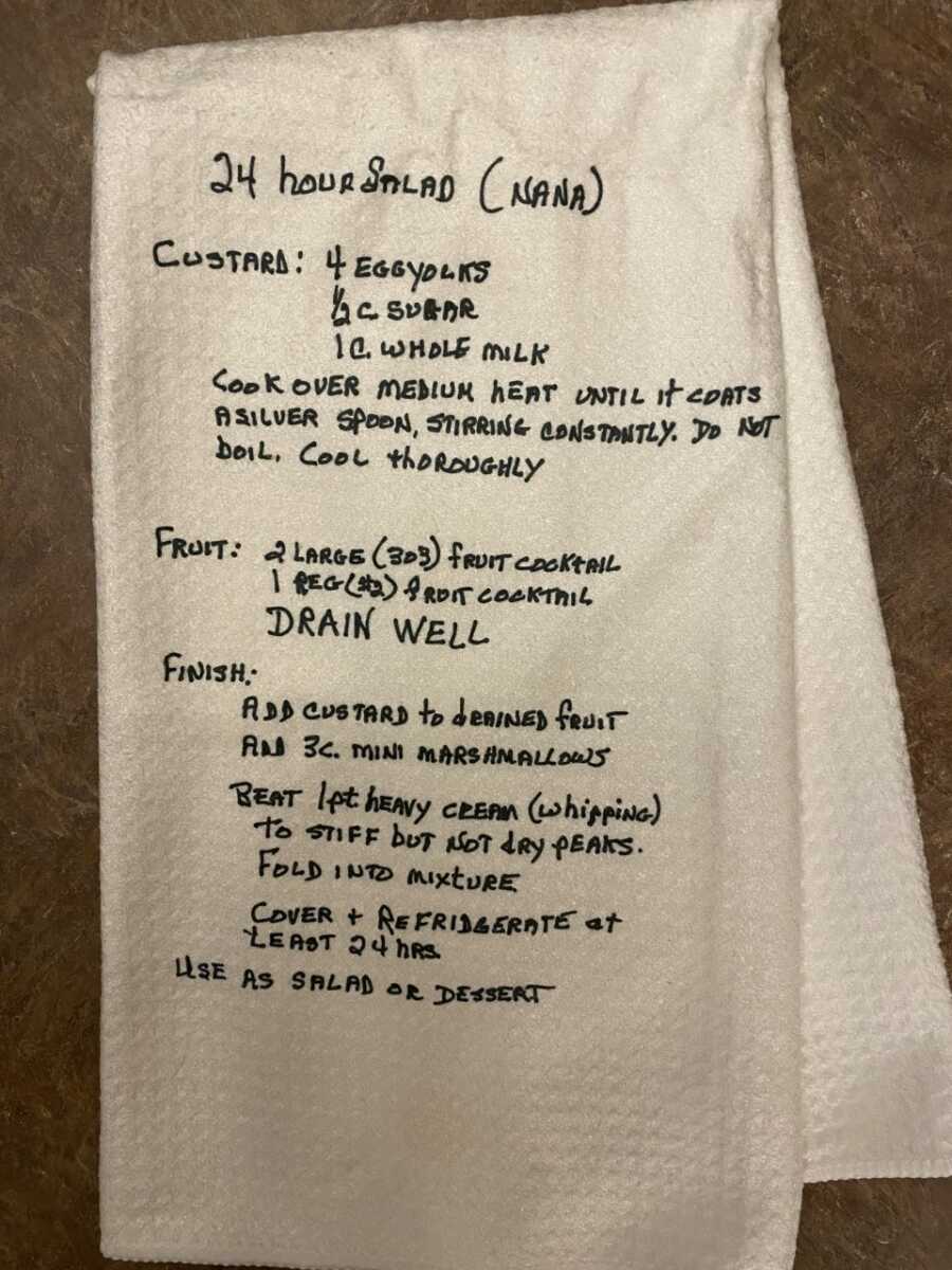 grandma's handwritten recipe printed on tea towel