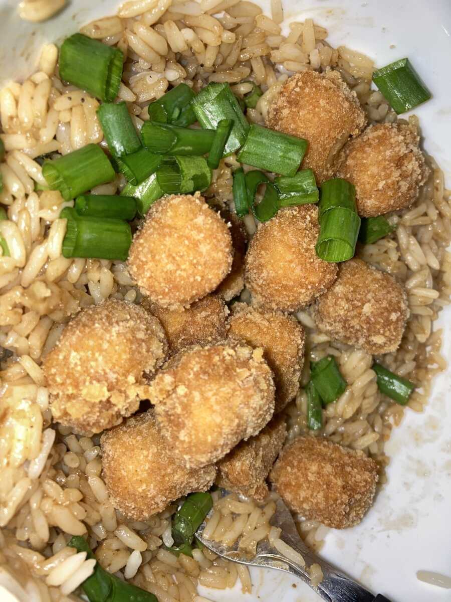 rice bowl with green onions and crispy puffs
