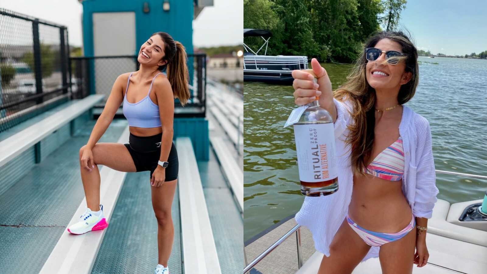Sober young side by side photo of her working out and of her on a boat