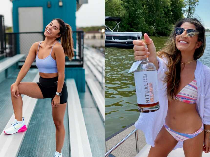Sober young side by side photo of her working out and of her on a boat
