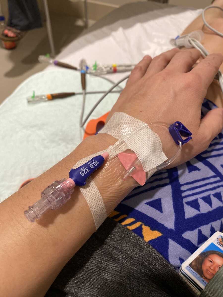 IV in the hand of woman with anxiety and panic attack disorder